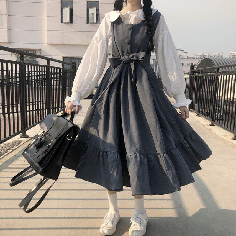 Sweet Lolita Students Lolita Dress Jsk Sling Women Vintage Japanese Black Dark Gray Harajuku Dress Kawaii Cute Clothing 4XL