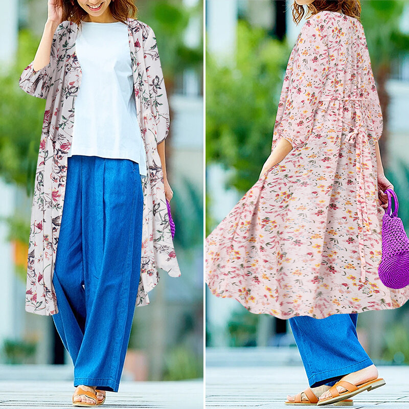 Богемная рубашка с цветочным принтом, кимоно ZANZEA, летний пляжный кардиган, Женская Повседневная Блузка с длинным рукавом спереди, винтажные...