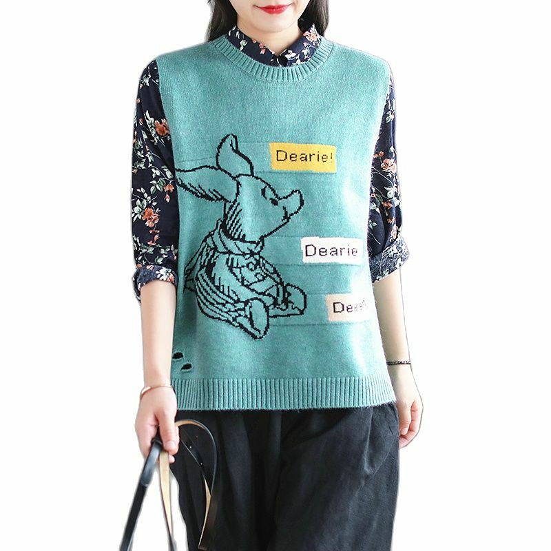 カジュアルレディースノースリーブoネックのセーターのベスト女性の春秋の韓国ニットベストの文字プリントかわいい漫画カシミヤベスト