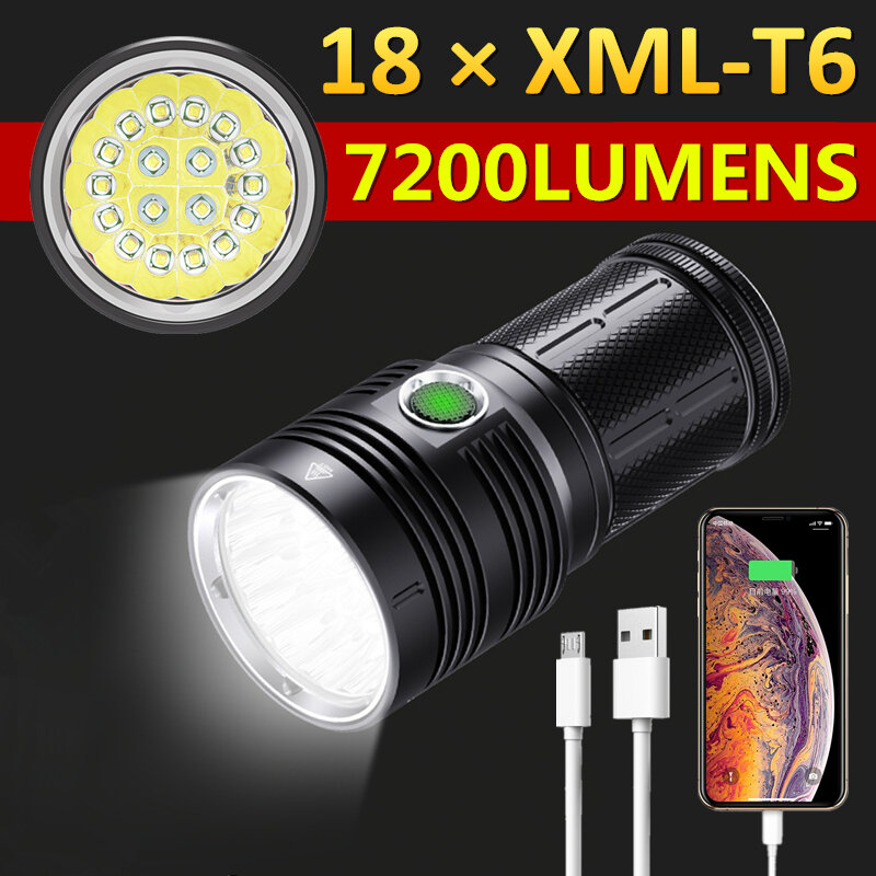 Lampe de poche 18 * CREE XML-T6 à LED haute puissance pour la chasse, torche tactique avec chargeur USB 18650 intégré, éclairage d'extérieur pour le Camping