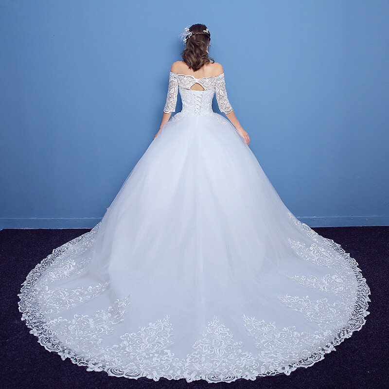 فستان زفاف 2021 جديد العروس الرئيسية فستان الزفاف كلمة الكتف الأوسط الأكمام الدانتيل ذيل كبير ضئيلة امرأة.