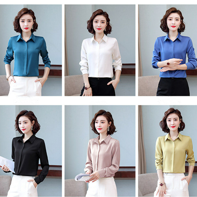 Kaos Wanita Korea Sutra Putih Kemeja untuk Wanita Satin Blus Wanita Lengan Panjang Kemeja Sutra Blus Wanita Blus Atasan plus Ukuran