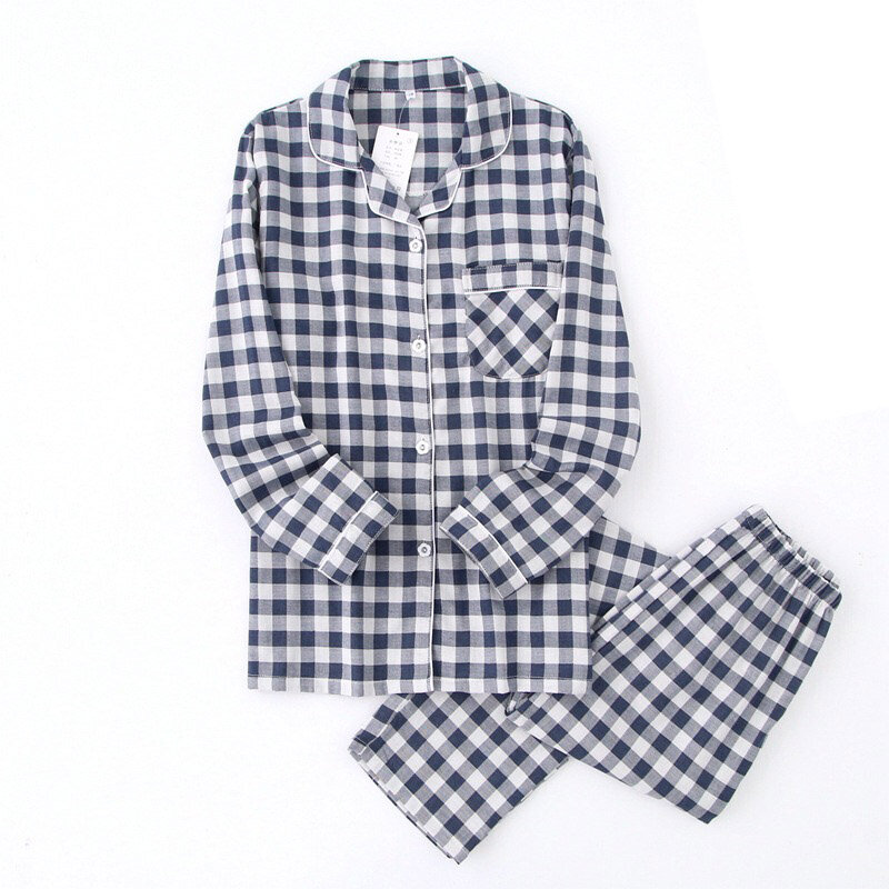 Conjunto de pijama xadrez 100% algodão, roupa de dormir com gola virada para casal, masculina e feminina