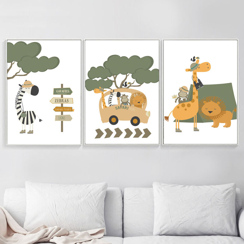 Peinture sur toile d'art mural avec girafe, Lion, singe, zèbre, éléphant, affiches et imprimés nordiques, photos murales de décoration de chambre d'enfant