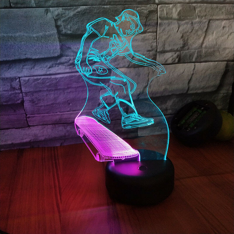 スケートボード3D ledアクリル夜の光オフィスバー寝室の装飾7色の変更錯覚テーブルデスクランプ子供のギフト