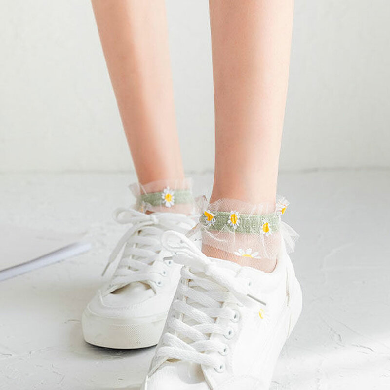 Милые кружевные дизайнерские носки с маргаритками в стиле Харадзюку, милые женские носки в стиле «лолита», забавные нейлоновые носки до щик...