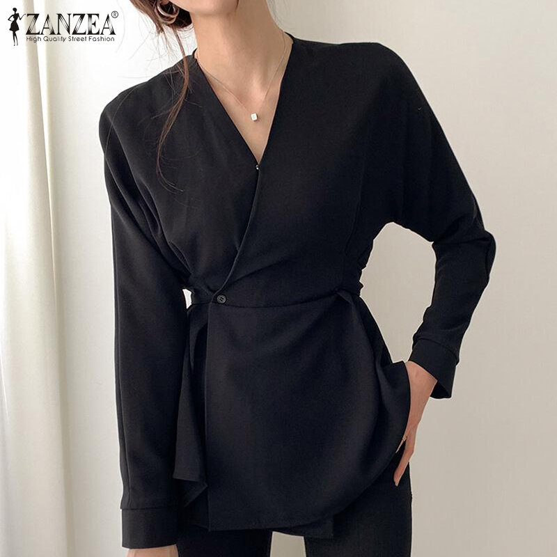 Frauen 2022 Mode Blusen ZANZEA Elegante V-ausschnitt Blusa Büro Dame Solide Shirts Weiblichen Frühling OL Kordelzug Bogen Tops Übergroßen