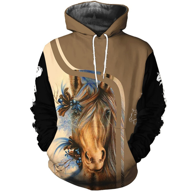 Mode Hewan Kuda 3D Cetak Pria/Wanita Sweatshirt Hoodie Harajuku Pullover Musim Gugur Musim Dingin Hoodie