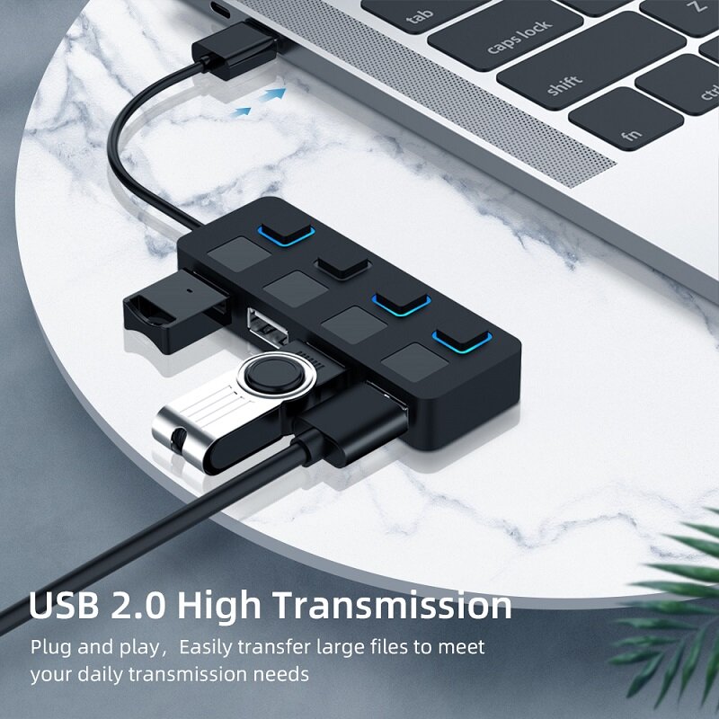 Répartiteur USB 2.0 Multi USB 2.0, 4 Ports d'extension, adaptateur d'alimentation, HUB avec commutateur pour ordinateur PC