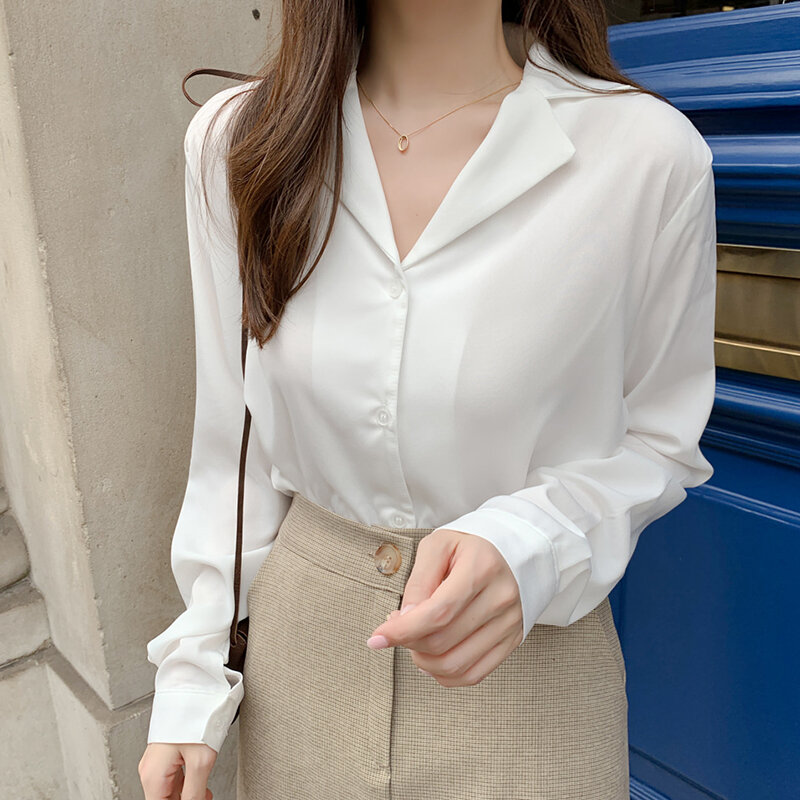 Chemisier-blusa blanca con muescas para mujer, camisa de manga larga con botones para mujer, Tops de moda coreana para mujer 2020