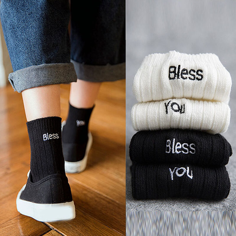 Fashion Embroidery Men Socks Cotton Cute Letter Funny Bless You Print Skateboard Socks Warm Soft Sweat Socks High Quality