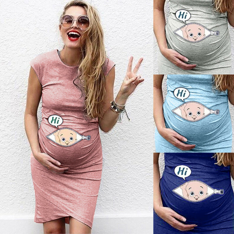 Letnia sukienka ciążowa moda damska bez rękawów ciąża плацие для беременных Casual Baby Cartoon list drukuj sukienka Nusring