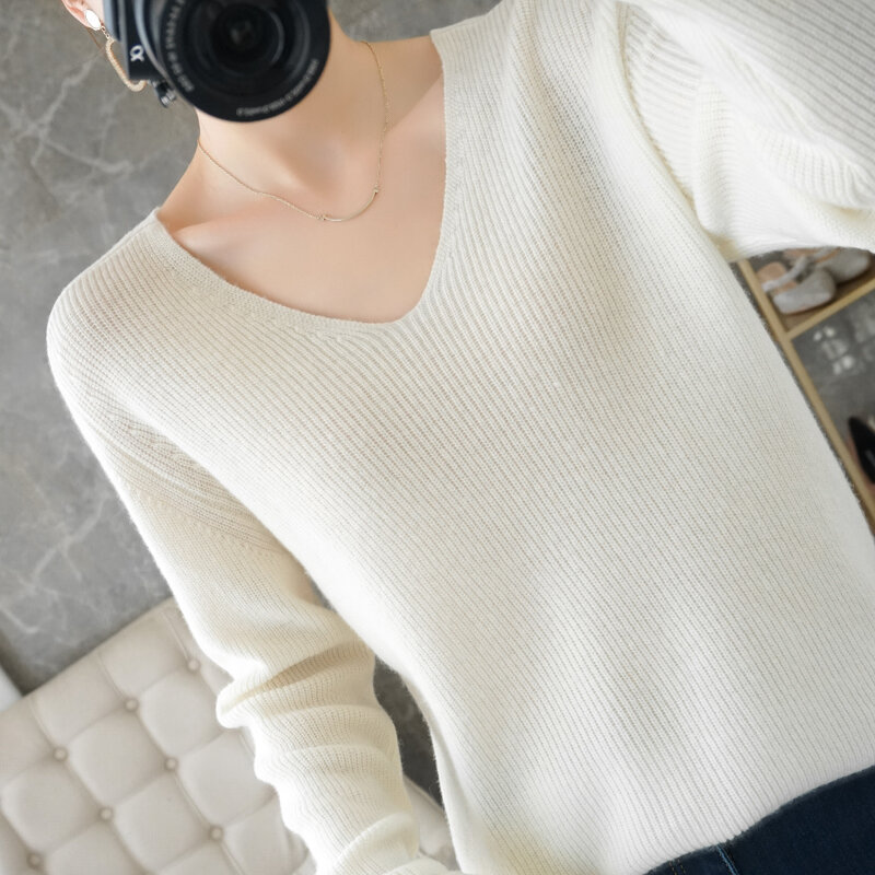 Женские джемперы, вязаные пуловеры с V-образным вырезом из 100% австралийской шерсти, мягкие теплые женские свитеры с длинным рукавом