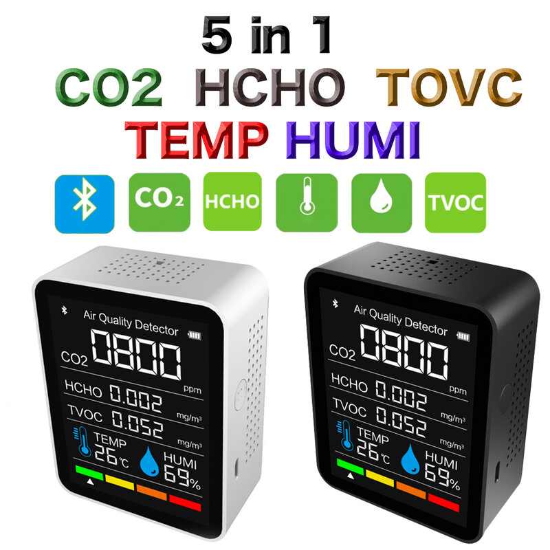 5 In1 CO2 Tvoc Hcho Temperatuur Vochtigheid Sensor Meter Digitale Tester Met Bluetooth Luchtkwaliteit Monitor Kooldioxide Detector