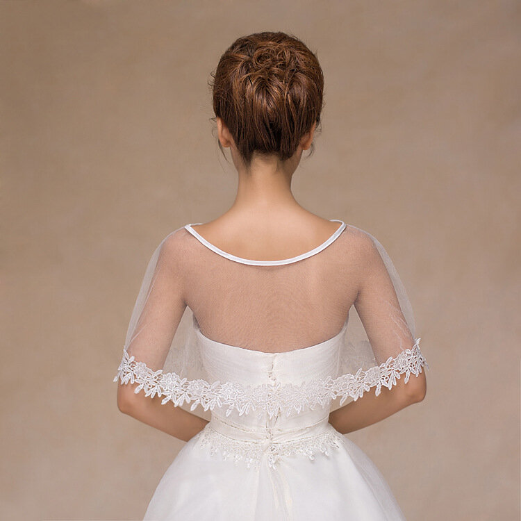 Scoop dekolt ślubna narzutka ślubna Bolero koronkowa aplikacja eleganckie okłady Bridal Cape Wrap wzrusza ramionami dla kobiet