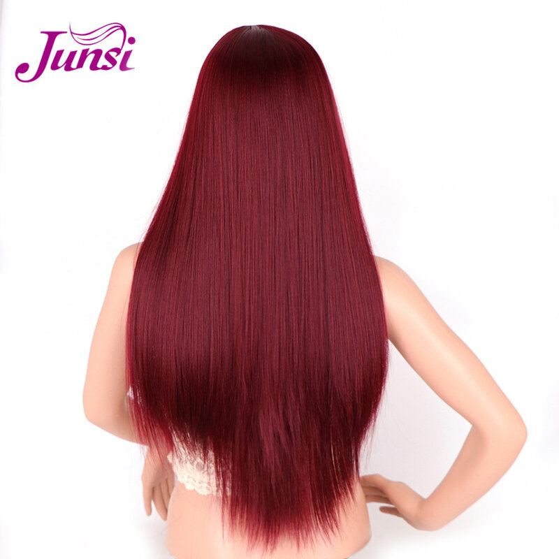 JUNSI Lange Gerade Rot Synthetische Perücken für Frauen Natürliche Haaransatz Hitzebeständige Faser Natürlich Aussehende Perücke