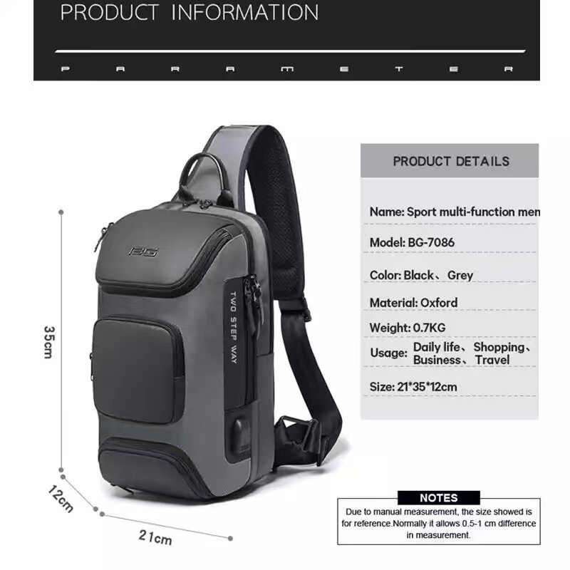 BANGE-bandolera multifuncional para hombre, bolso de pecho resistente al agua con carga USB, para viaje corto