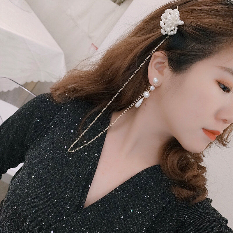 Model Perancang Dongdaemun Korea Anting Jepit Anting Satu Potong Cincin Telinga Bunga Mutiara Elegan Panjang Wanita