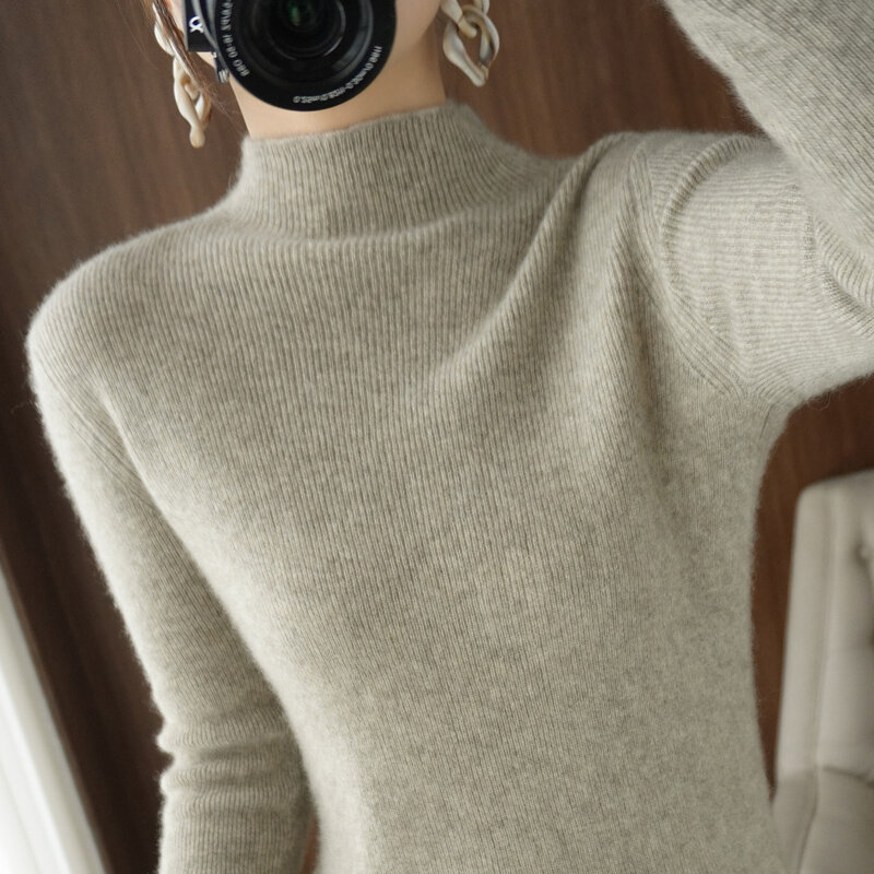 스웨터 2021 가을 겨울 새로운 여성 세미 높은 목 솔리드 컬러 풀 오버 간단한 Iong-Sleeved 슬림 슬리밍 양모 바닥 셔츠