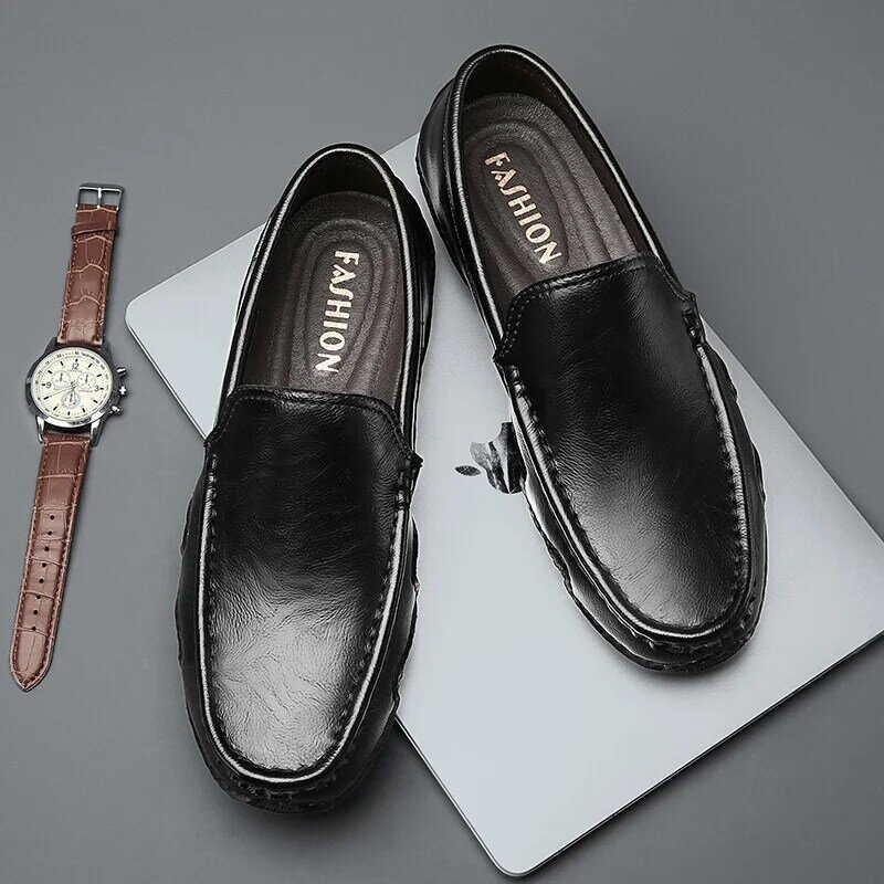 Mocasines de oficina de cuero para hombre, zapatos informales para conducir, hechos a mano, clásicos, sin cordones