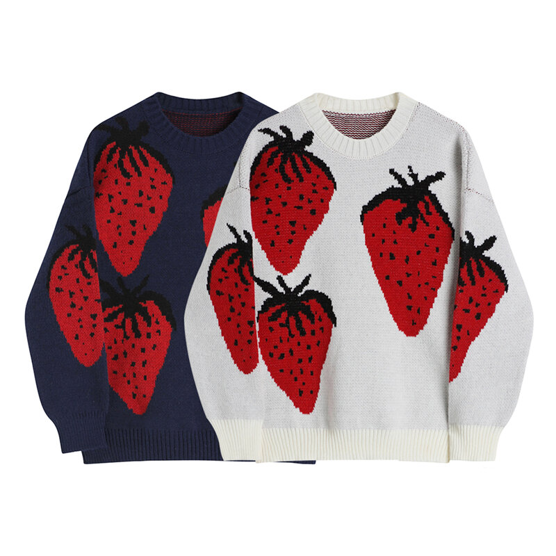 Knitted Sweater Womens Autumn Long-sleeve Round Neck Pullover Loose Big Strawberry Pattern Jacquard Casual All-match Female Tops