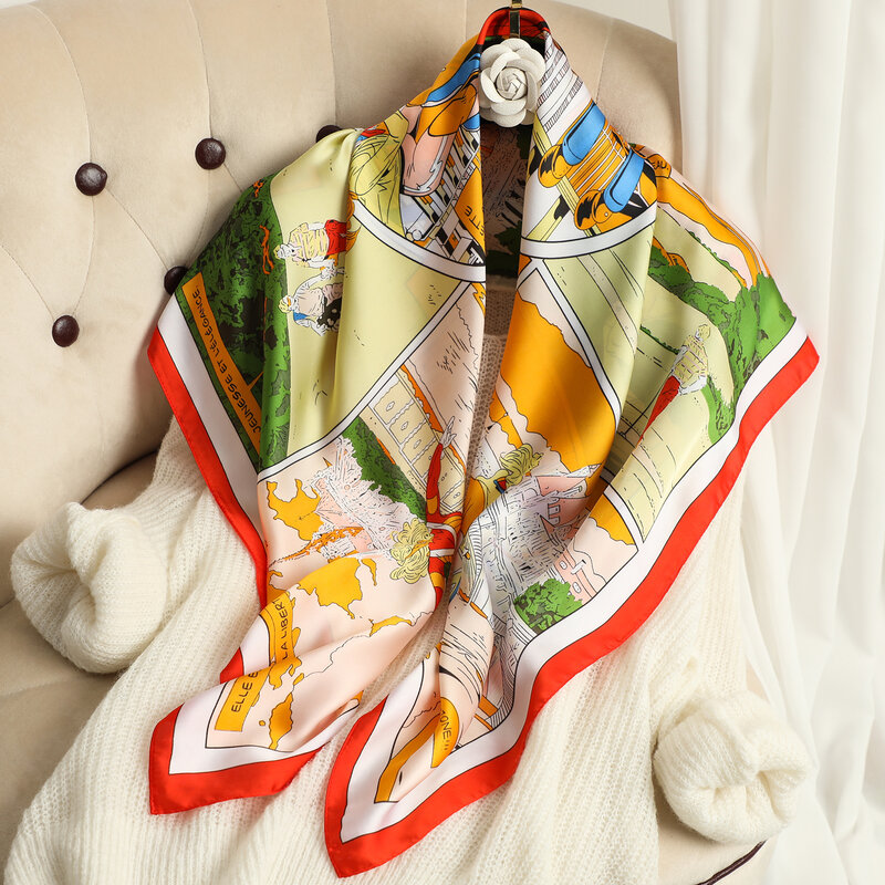 Impressão floral mulheres cetim seda lenço quadrado hijab luxo marca xale saco envoltório bandana cachecóis de cabelo bandana foulard 90*90cm