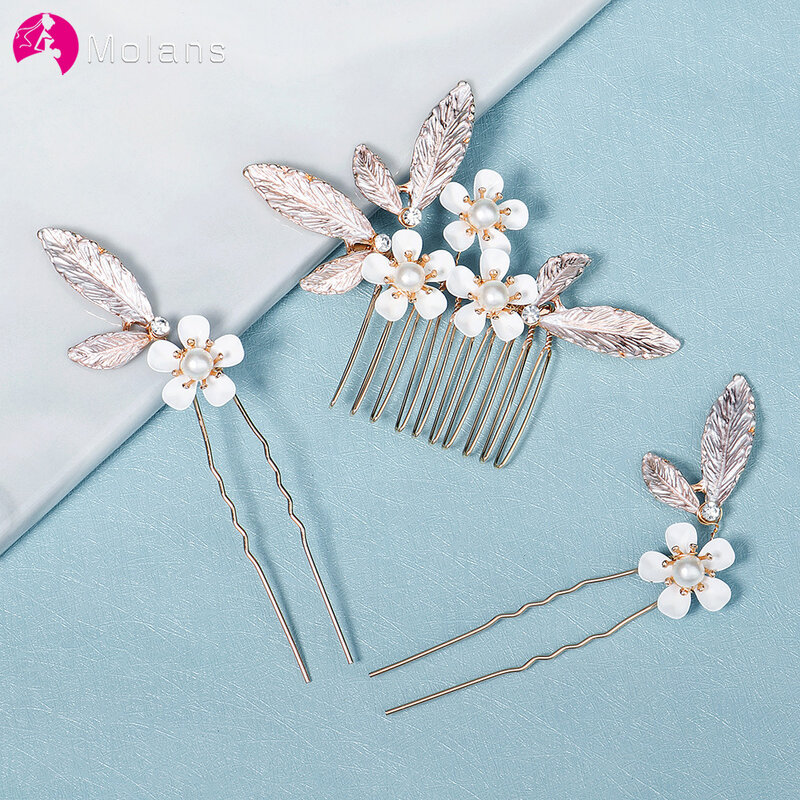 Molans 1Set Luxury Pearl Hairpin For Women Hair Combs Headdress Prom Bridal Wedding Crown Flower Gold Leaves Hair Accessories