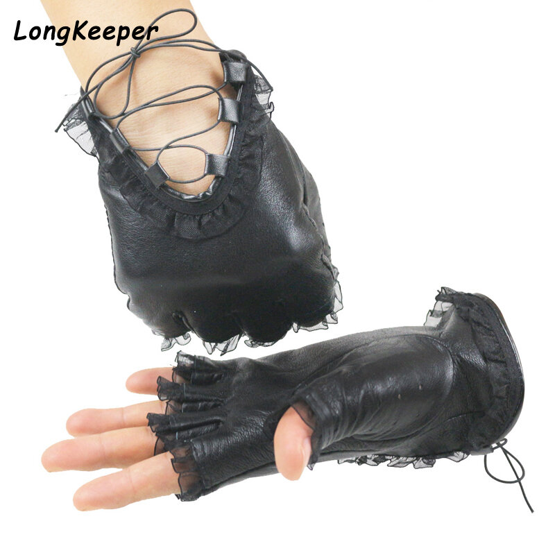 Punk Cool Ladies Half Finger Gloves Genuine Leather Mittens Women Sexy Disco Dance Costume Lace Fingerless Gloves Driving Gloves