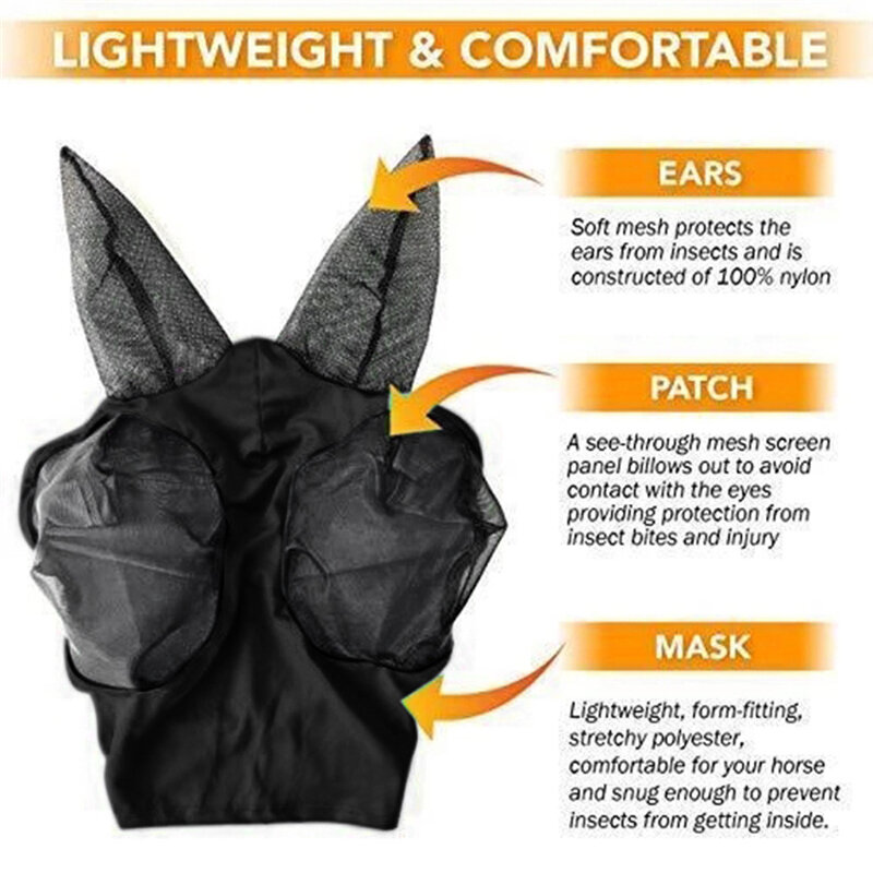 Horse Fly Mask Breathable Anti Mosquito Fly Elastic Horse Face Cover Protection Decor Face Shields with Ears Horse Mask Care AA