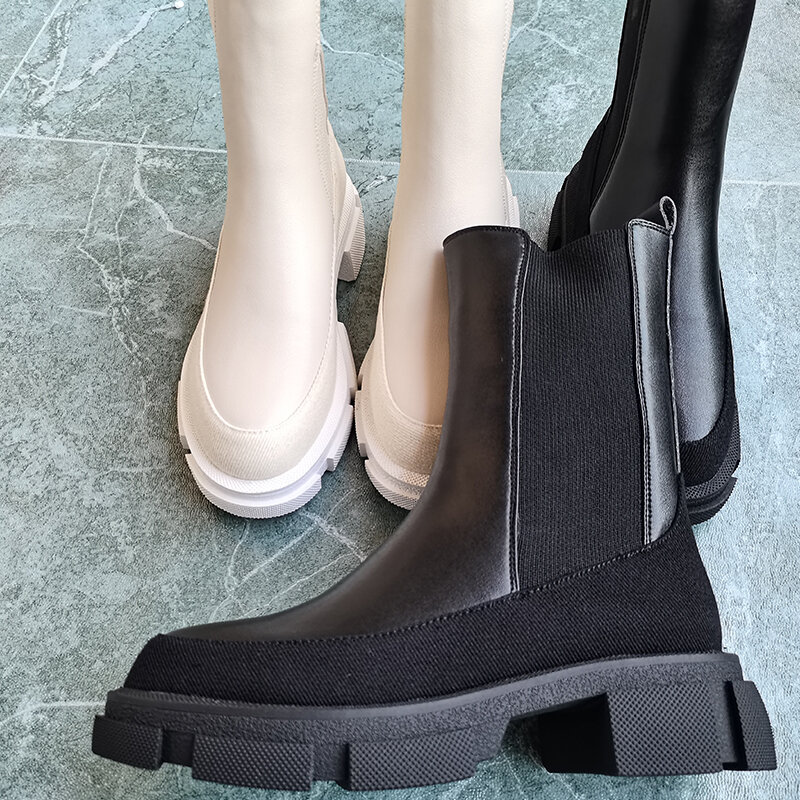 Botas de media caña para mujer, zapatos de piel natural de 22-25,5 CM con costuras de piel de vaca, estilo Chelsea, en 2 colores