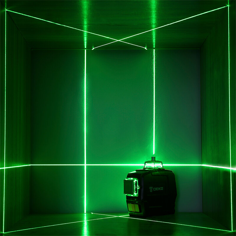 DEKO-Nivel láser serie DC, herramienta de nivelación 3D de 12 líneas, luz verde, cruce de rayos horizontal y vertical, nivelado automático, venta directa de fábrica