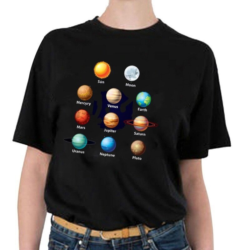 Zonnestelsel T-shirt Geek T-shirt Koreaanse Mode Oversized Tee Hipsters Grunge Stijl Shirt Pluto Tee Shirts Jupiter Saturn O-Nec