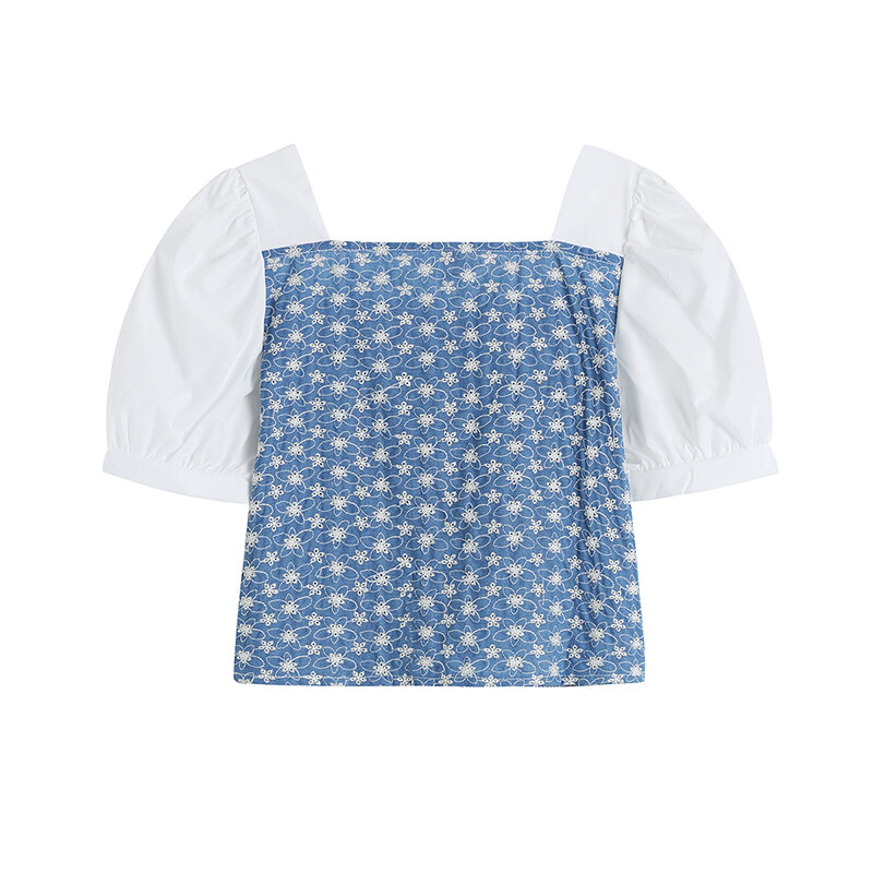 Женская ажурная рубашка с коротким рукавом, милая контрастная блузка с квадратным вырезом и цветочным принтом в Корейском стиле, лето 2021