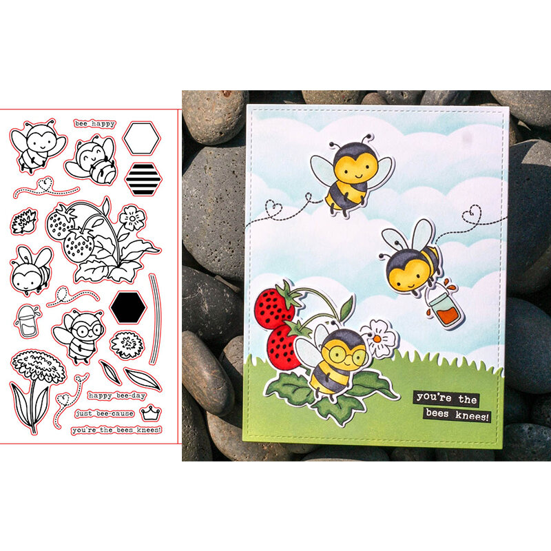 꿀 꿀벌 수집 꿀 무성한 우아한 꽃 딸기 잎 diy scrapbooking 카드에 대 한 행복 한 단어 투명 클리어 우표