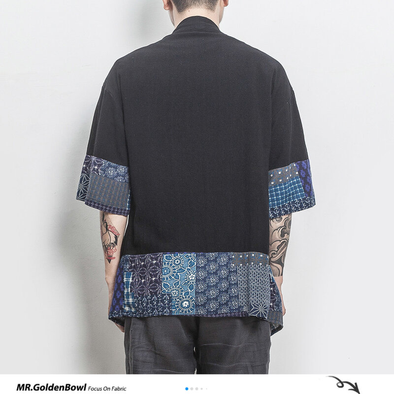 MrGoldenBowl koszula z mieszanki bawełny i lnu kurtki mężczyźni chiński Streetwear Kimono bluzka mężczyźni lniane kardigany płaszcz Plus rozmiar
