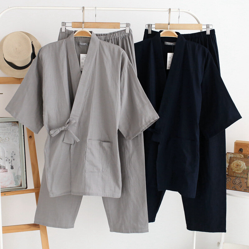 남성 잠옷 세트 코튼 기모노 피자 마 Hombre pajama Homme Soft Home Wear 2 Pieces Sleepwear Japanese Style