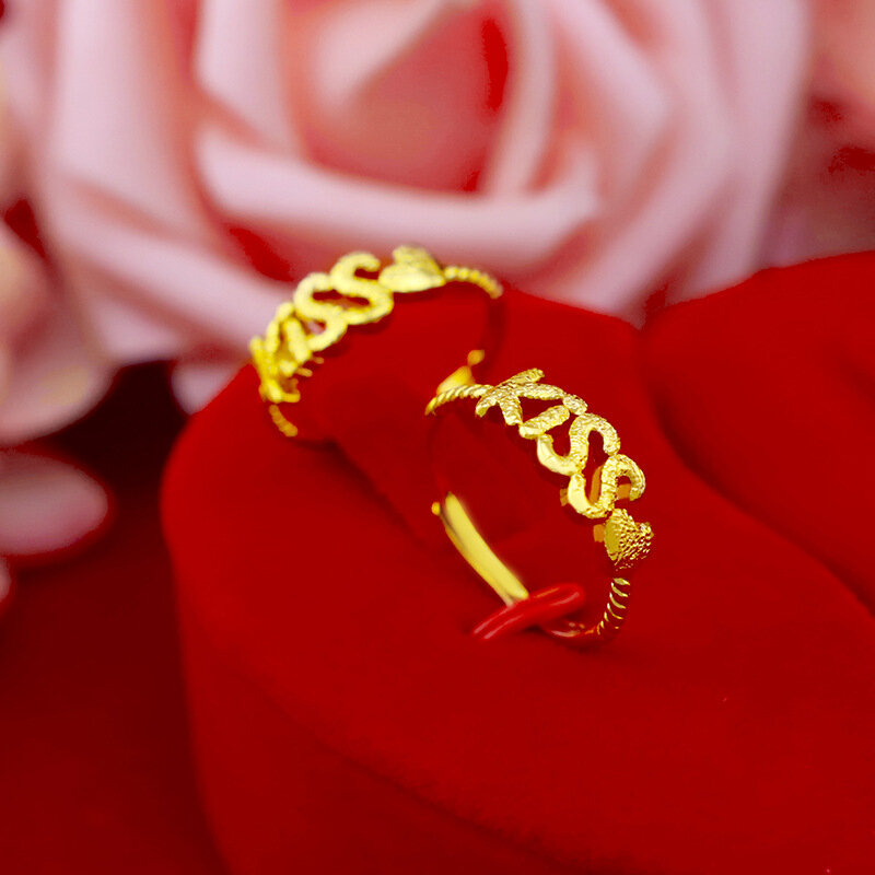 Beijo & flor ri11 moda fina jóias quentes por atacado moda mulher homem amantes aniversário presente de casamento beijo 24kt ouro anel redimensionável