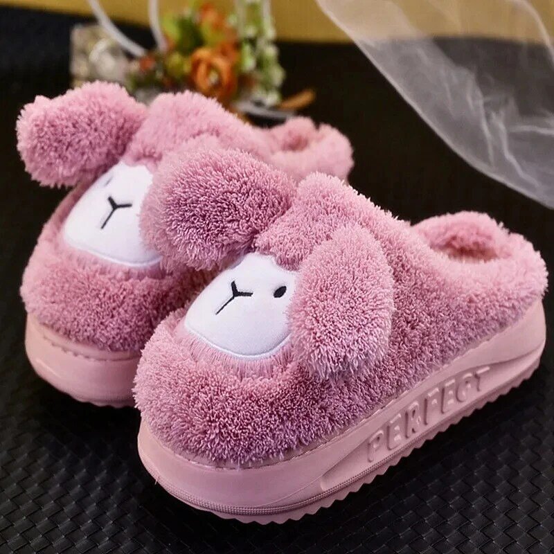 Pantuflas bonitas de oveja para mujer, pantuflas peludas de Interior para el hogar, con orejas largas de animales, para Otoño e Invierno