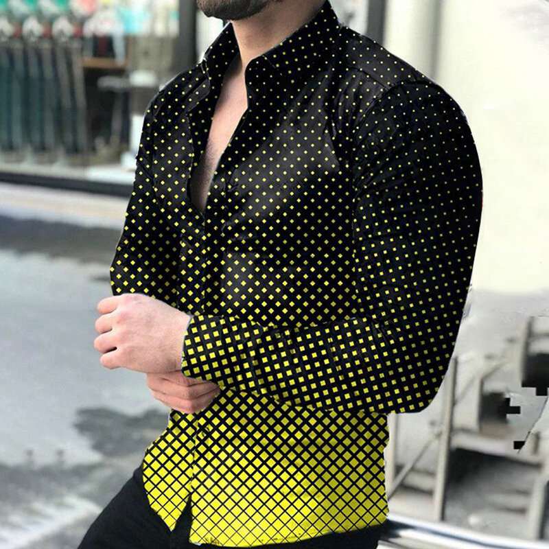 Luxury Golden Men Autumn Long Sleeved Shirt Male Print shirt Turn-Down Collar Button Down Casual Blouse U.S Plus Size Tops