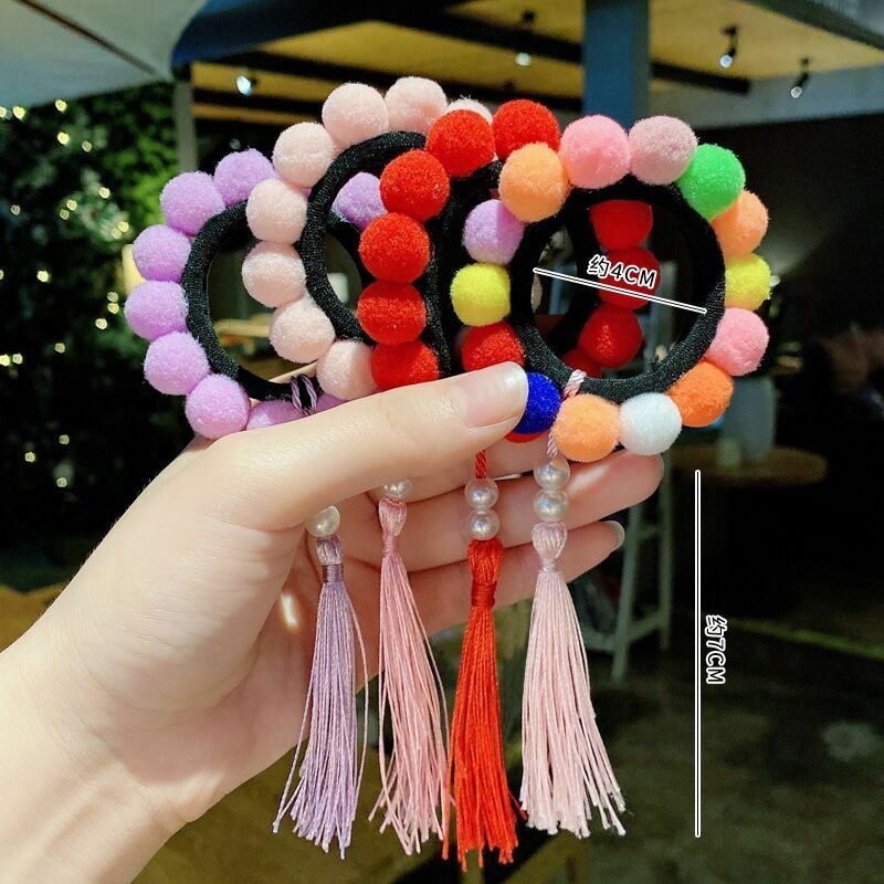 New Korea Child Ball Head Jewelry Hair Accessories Color Tassels Hair Tie Princess Cute Rubber Band Girl Headdress Fixed Kawaii