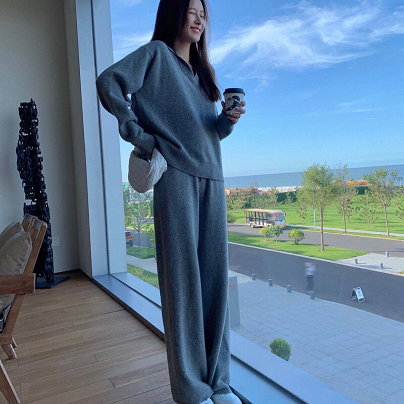 Women'S Autumn Casual Solid Knit Suit Loose Navy Collar Sweater Pullover & High Waist Wide Leg Pants Two-Piece Set Fashion Setup