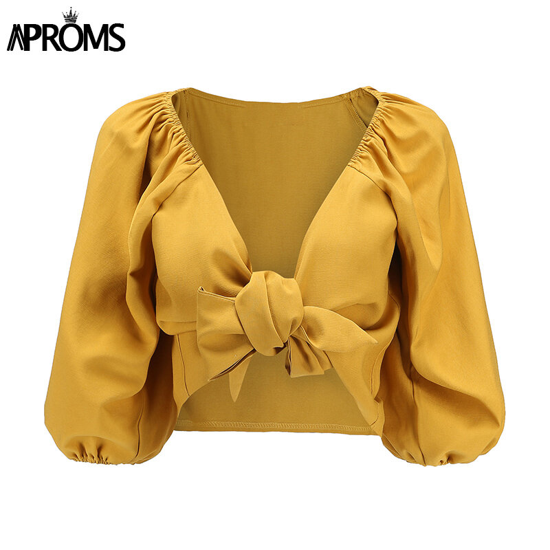 Aproms Elegant Casual V-neck Tie Bow Summer Shirt Women Long Sleeve White Cropped Blouse Holiday Beach Short Yellow Tops 2020