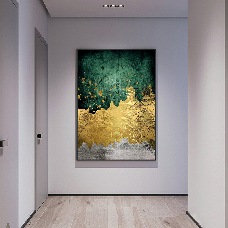 AAHH – peinture sur toile moderne abstraite, verte et dorée, style nordique, Art mural, décoration de la maison