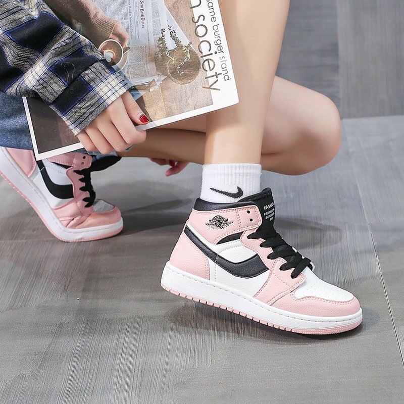 New women leather female sports running shoes breathable anti slip vulcanized leisure high top plate shoes