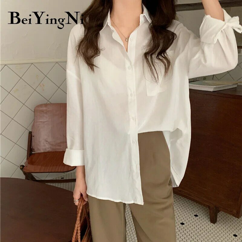 Beiyingni-女性のカジュアルシャツ,ヴィンテージの特大ブラウス,ポケット付きのベーシックな衣服,白と黒の色