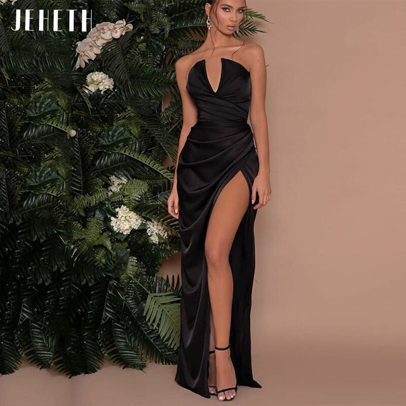 JEHETH Sexy Black Strapless V-Neck High Slit Satin Prom Dresses 2022 Backless Formal Evening Gowns Floor Length robes de soirée
