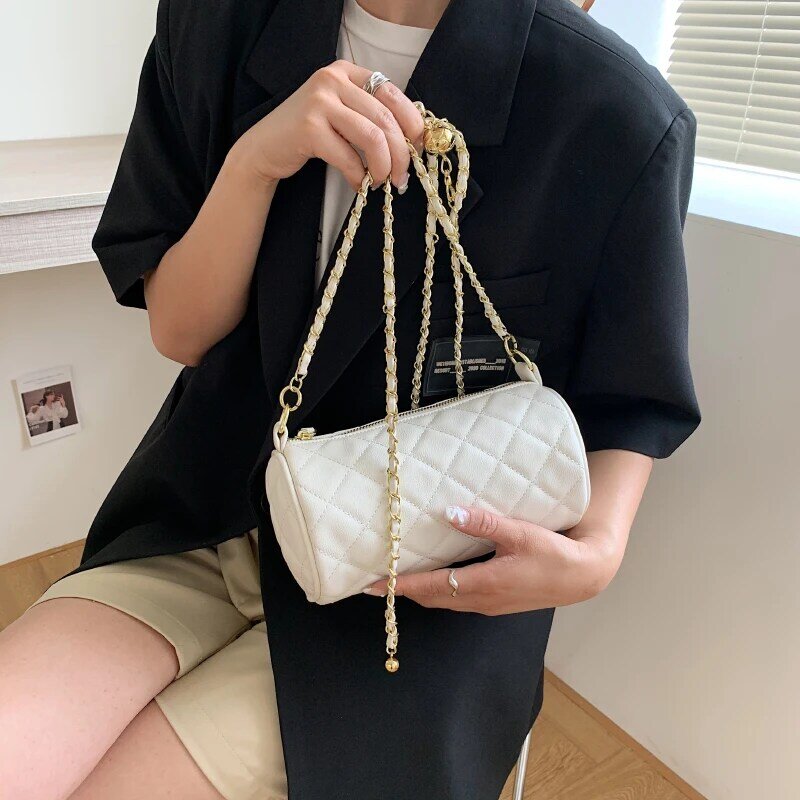 Marke Designer Weibliche Leder Schulter Taschen Luxus Diamant Gitter Handtaschen Frauen Zylindrischen Umhängetasche für Mädchen Kette Sac