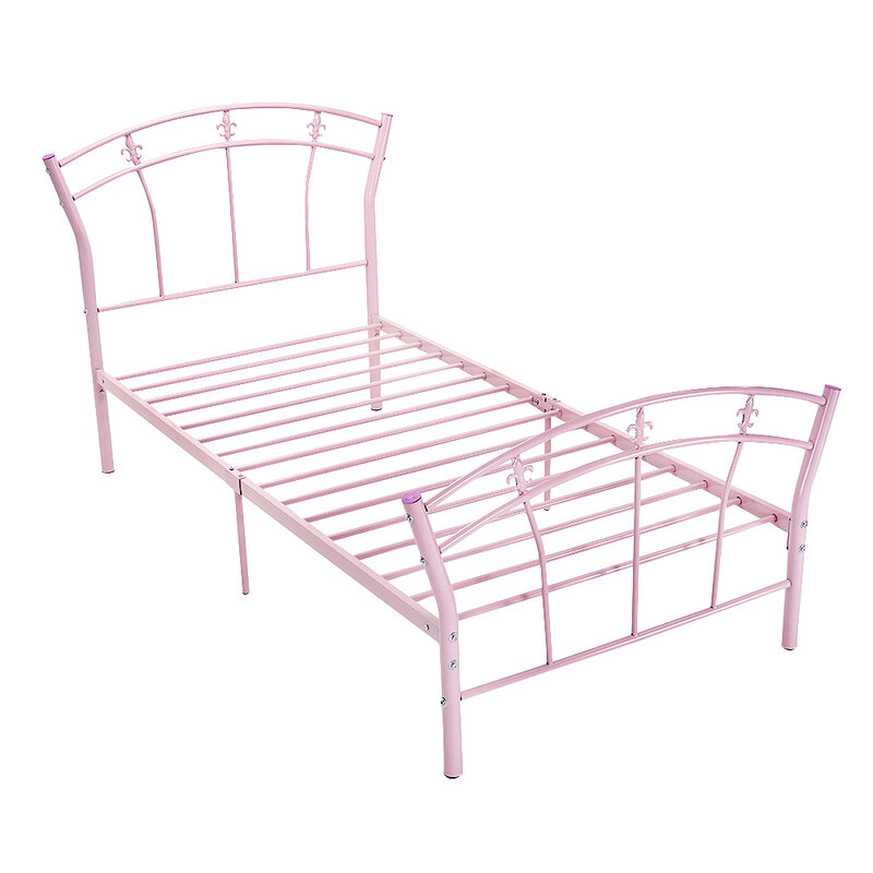 Dzieci metalowa rama łóżka różowe dziecko 3FT pojedyncze dziewczęce łóżko podstawa dziewczyny księżniczka meble do sypialni zagłówek w kształcie wachlarza szybka dostawa