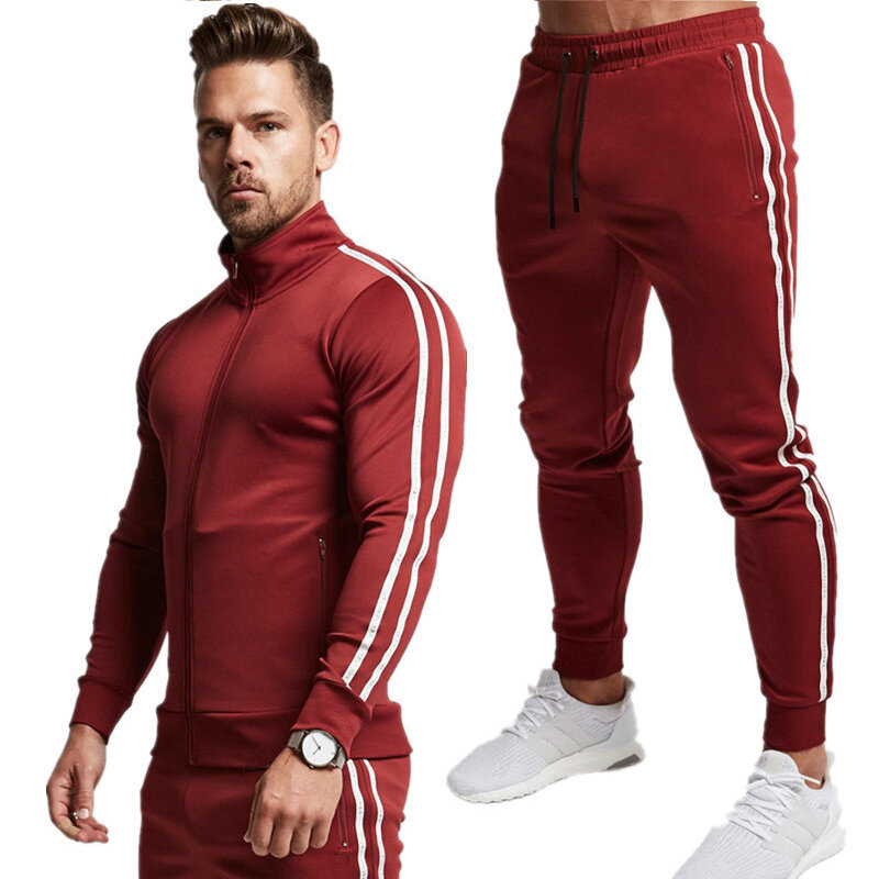 Baju Olahraga Pria Poliester Kaus Olahraga Bulu 2020 Gym Jaket Musim Semi + Celana Kasual Pria Setelan Olahraga Kebugaran