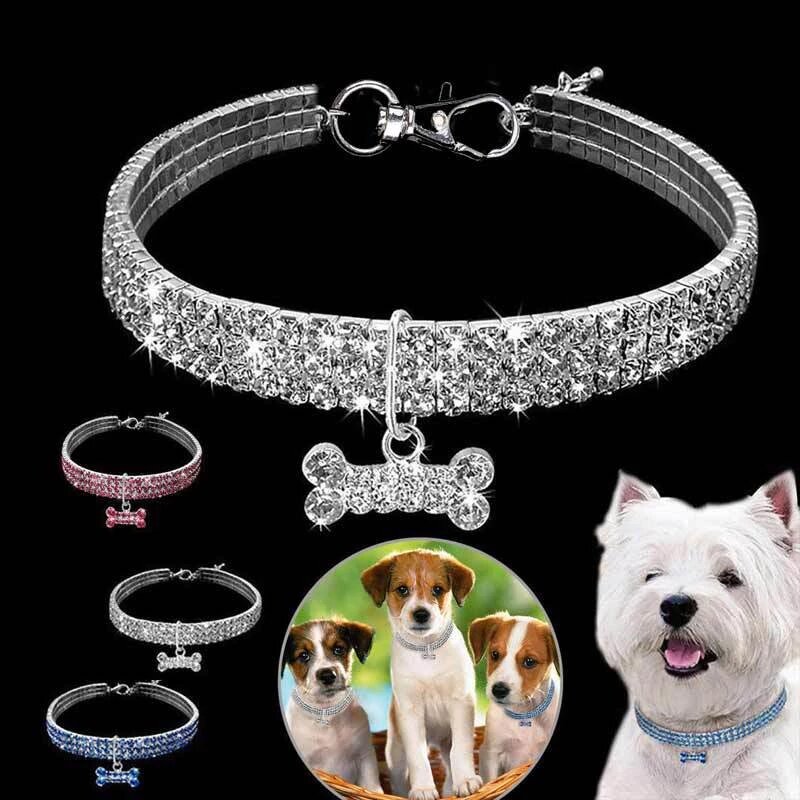 Hund Halsbänder Kristall Pet Halskette Für Kleine Mittelgroße Hunde Bling Strass Katzen Halsbänder Mit Knochen Anhänger Hund Zubehör